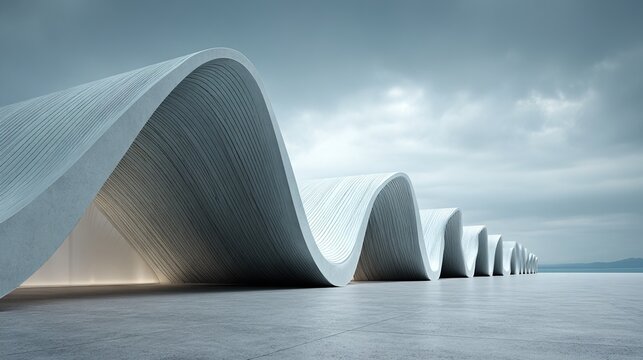 3d illustration of abstract wavy architecture background, Minimal curved geometry architectural design, Car presentation backdrop with empty concrete floor, Flowing geometric metal building design - Powered by Adobe