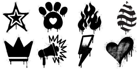 Grunge Spray Paint Stencil Icons Set. Urban Street Art Style Symbols, featuring a star, paw print, flame, droplet, crown, megaphone, lightning bolt, and heart. © Doa Bunda
