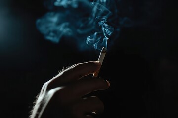 Dramatic Close-up of Hand Holding Lit Cigarette with Glowing Ember and Swirling Smoke on Black Background