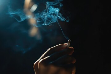 Hand Holding a Lit Cigarette with Wisps of Blue Smoke Against a Dark Background
