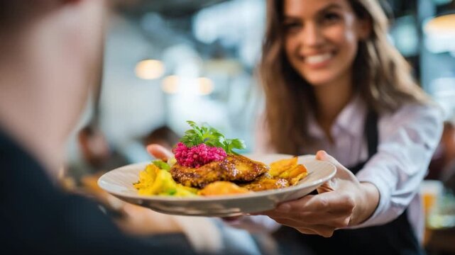 Serving Gastronomic Delight: A smiling server, radiating warmth, presents a beautifully arranged plate of delectable food to a guest, embodying the essence of culinary service and restaurant ambiance.