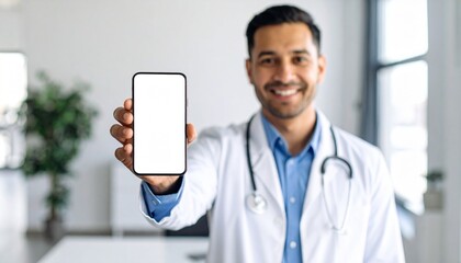 A male doctor is holding a cell phone in his hands, using a blank white mockup screen to demonstrate an ehealth mobile app for medical healthcare telemedicine advertisements and e telehealth online ap