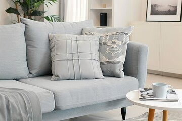 Modern Grey Sofa with Decorative Cushions in a Bright Living Room