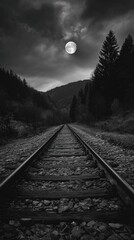 Obraz premium Black and white train tracks leading into a moonlit mountain landscape