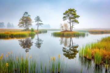 Obraz premium Serene Misty Morning on a Still Lake with Island Trees and Reflective Waters