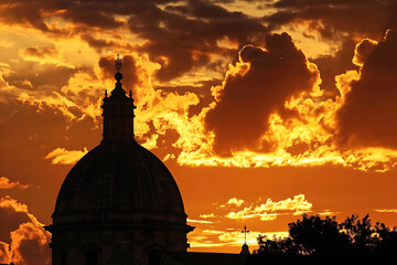 Sunset over domed building with dramatic cloudscape
