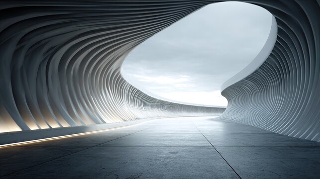 3d illustration of abstract wavy architecture background, Minimal curved geometry architectural design, Car presentation backdrop with empty concrete floor, Flowing geometric metal building design