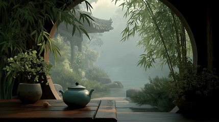 Serene Tea Ceremony: A tranquil scene of an ancient tea ceremony, with a delicate teacup and teapot and overlooking a misty garden, evokes a sense of calm and harmony.
