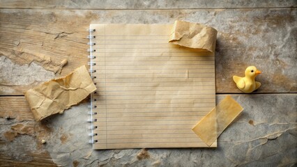 Rustic Notebook with Bird Figurine and Torn Paper Fragments on Weathered Wooden Surface