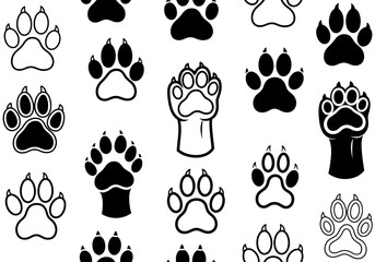 Fototapeta premium Seamless pattern featuring hand-drawn black dog paw icons in varied styles and shapes with bold outlines and solid fills on a clean white background. Perfect for pet branding, stickers, and web design