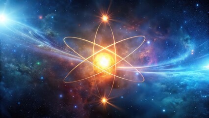 A Celestial Atomic Structure Illuminated by Radiant Energy Within a Vast, Starry Cosmos