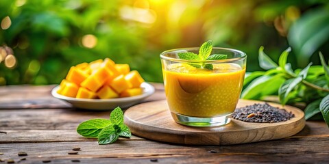 Refreshing Mango Smoothie with Chia Seeds and Mint Garnish on Rustic Wooden Table
