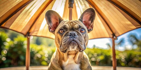 A charming fawn French Bulldog puppy sits patiently under a shade umbrella, basking in the warm sunlight of a summer's day, its expressive eyes gazing intently at the viewer.