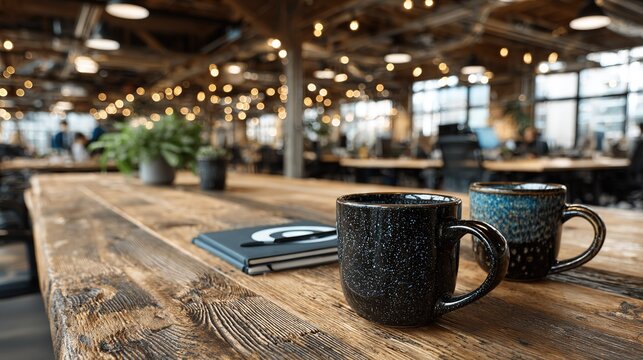 Co-working space corner, wooden table with coffee mugs and notebooks, people blurred in background, natural light, for team post