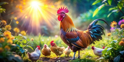Majestic Rooster and Hens at Sunrise in a Vibrant Garden
