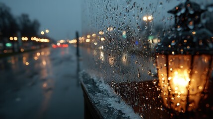 Rain on window, blurred city lights, warm lamp reflection, for relaxation playlist