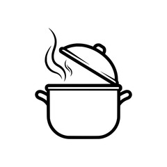 outline vector of a cooking pot with the lid slightly open and steam coming out