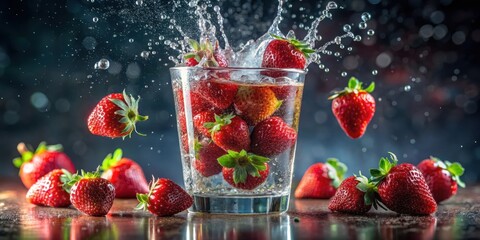 Refreshing Strawberries Splashing into a Glass of Sparkling Water, a Delightful Summer Beverage