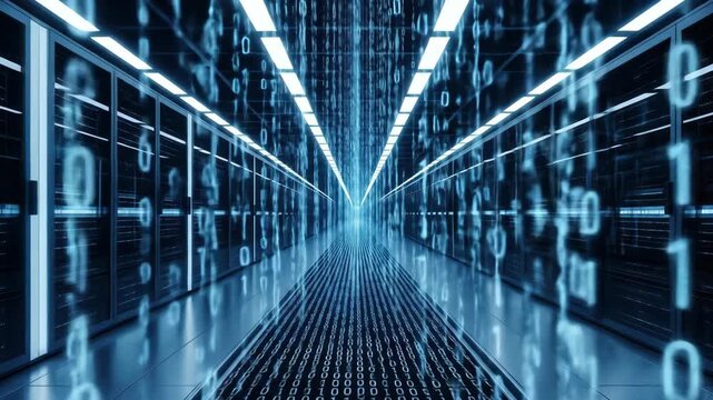 Data center with rows of server racks and binary code, data processing, server room, technology concept.
