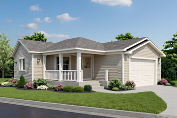 Home Exterior with Covered Porch and Green Lawn Under Blue Sky