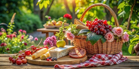 A delightful summer picnic basket filled with luscious grapes, delicate roses, and assorted cheeses, artfully arranged on a rustic wooden table in a sun-drenched garden setting.