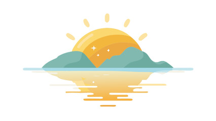 Fototapeta premium Sunrise landscape vector illustration with mountains and lake reflection graphic art