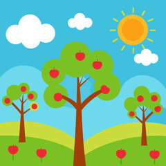 Sunny orchard with ripe apples and rolling hills