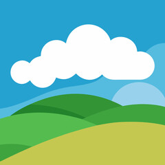 Stylized green hills under a blue sky with white clouds