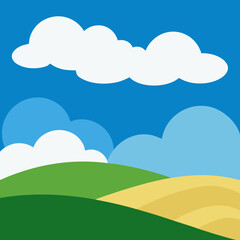 Stylized rolling hills under a blue sky with clouds