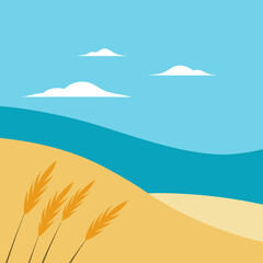 Stylized beach scene with wheat grass and clouds