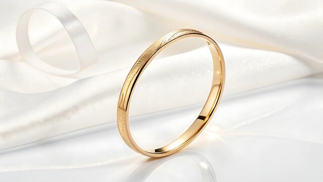 Elegant gold bangle with feather engraving on white silk fabric