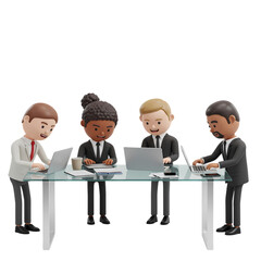 Obraz premium Diverse Business Professionals Collaborating on Laptops at a Modern Conference Table, Focused on Teamwork and Digital Strategy in a Bright, Professional Workspace.