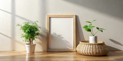 A minimalist interior scene featuring a blank frame, potted plants, and a woven basket on a light wood floor, bathed in sunlight, creating a serene and calming ambiance.