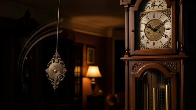 Grandfather clock with pendulum in motion, antique wooden time measuring instrument.