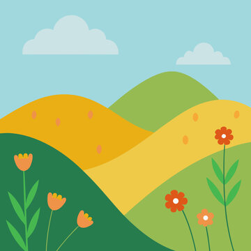 Whimsical rolling hills with flowers and clouds