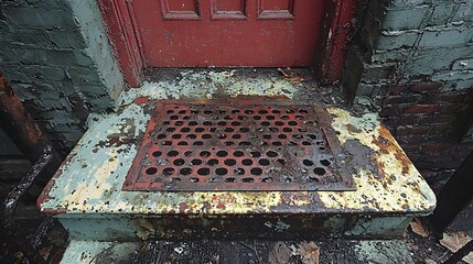 A close-up shot of a weathered fire escape landing outside an apartment door, with chipped, peeling paint and a rusty metal grate