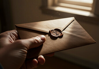 Vintage Brown Leather Envelope in Hand with Wax Seal with Initial Y