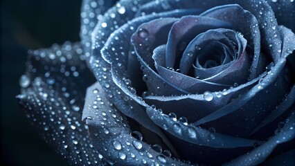 Close-up of midnight blue rose petals covered in dew, with soft vignette and dramatic shadow play