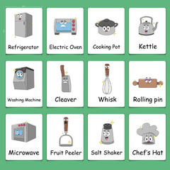 Vector printable flashcards set with cartoon Kitchen set. Kids collection for learning english words
