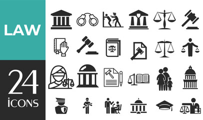 "Law and Justice Web Icon Set in Line Style — Legal, Court, Crime, Lawyer & Judgement Symbols for Web and Mobile UI
