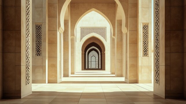 Sunlit arched mosque corridor