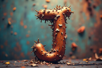 Letter J Wood Texture with Bark on Surface