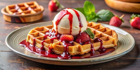 Delicious golden waffles topped with vanilla ice cream, fresh strawberries, and a rich berry sauce served on a rustic plate