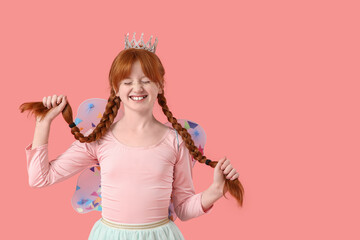 Cute redhead fairy with pigtails on pink background