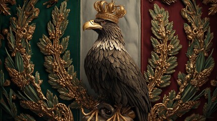 Imperial eagle with crown and mexican flag background stock image