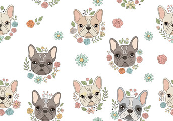 Fototapeta premium Seamless pattern featuring hand-drawn cute French bulldog faces with expressive eyes and wrinkles, framed by delicate roses, daisies, and petals in warm neutrals and soft pastels on a clean white back