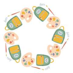 Simple school circle frame. Round school themed border made of different school objects. Soft pastel colors back to school hand drawn vector banner isolated on white background.