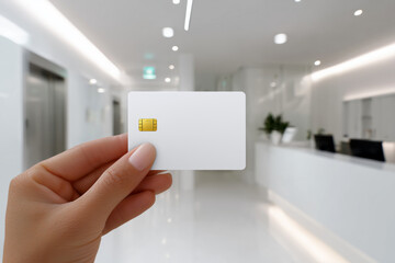 Blank smart insurance card with gold chip held by hand in bright hospital reception, ideal for representing digital health insurance