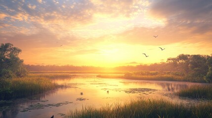 Obraz premium Sunrise over tranquil marsh