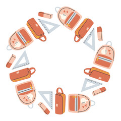 Simple school circle frame. Round school themed border made of different school objects. Soft pastel colors back to school hand drawn vector banner isolated on white background.